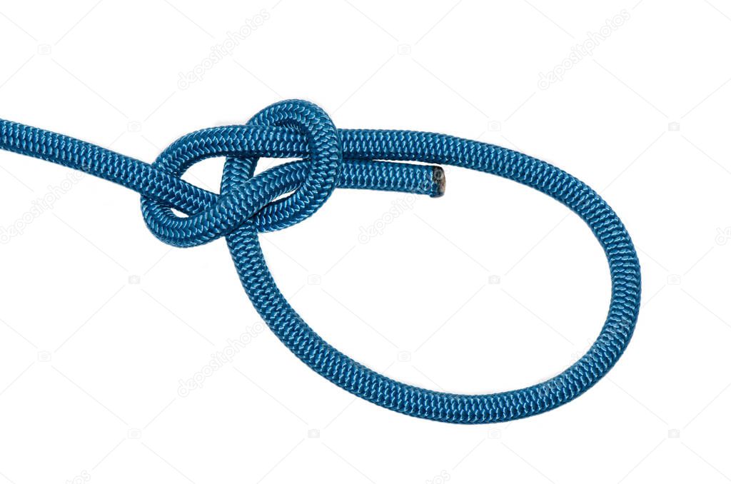 bowline. A knot of blue rope. Isolated on white background