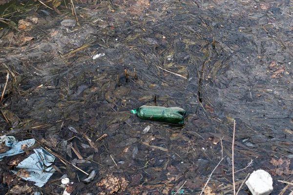 Plastic trash in the lake. Pollution of the environment.