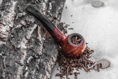 Alan ile doğal ahşap arka plan üzerinde sigara tütün borusu