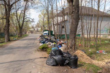 Moskova bölgesi, Rusya - 26 Nisan 2019: Yol kenarındaki çöplük. Çöpkaldırma ve işleme ile ilgili sorun. Çevre sorunu.