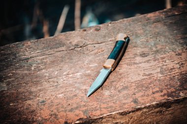 Eski tahtada bir çakı. Seçici odak. Renk tonu. Yakın çekim