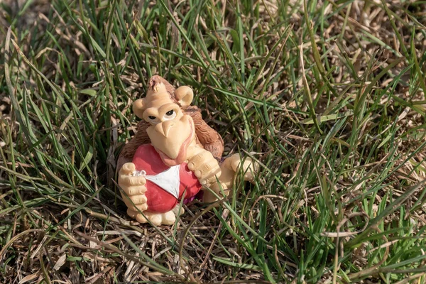 Brinquedo. A figura de um macaco com um coração no fundo da grama — Fotografia de Stock