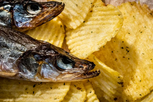 Fish and chips. Dried fish and fluted chips, a beer snack. Top view. Selective focus.