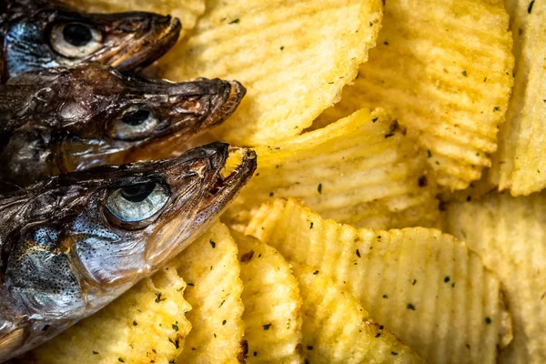 Fish and chips. Dried fish and fluted chips, a beer snack. Top view. Selective focus.