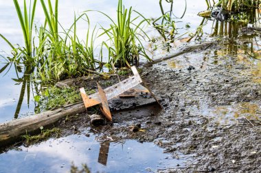 Piknik kalıntıları. Gölün solunda kırık bir leke var. Çevre sorunları.