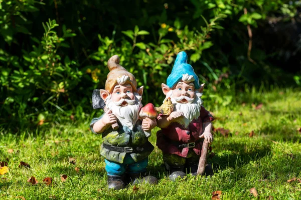 Dois Gnomos Jardim Brinquedo Gramado Ensolarado Foco Seletivo Fotografia De Stock