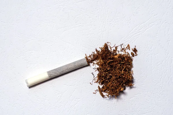 ロールタバコと一握りの細かくカットされたロールアップタバコの質感の白い背景に — ストック写真