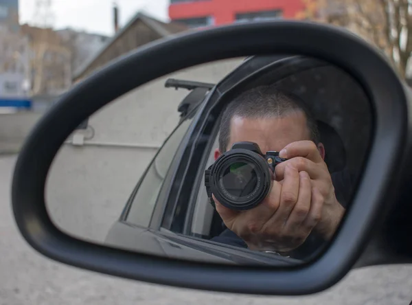 Reflection Man Side View Mirror Taking Picture Paparazzi Stock Picture