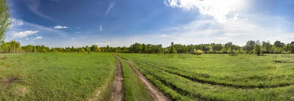 Panorama of the earth road on the grass
