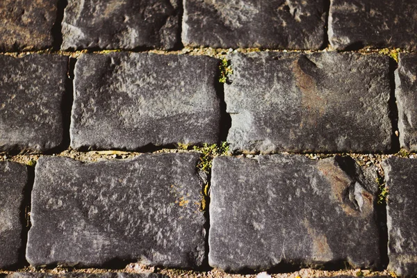 Gray square cobblestones close-up. The stone surface of the road. The road of stones and cobblestones.