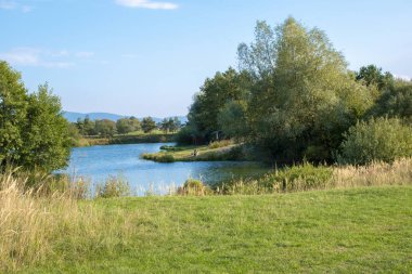 Diviaky, Turcianske Teplice, Slovakya yakınlarındaki güzel balık havuzu güneşli yaz günlerinde. Gökyüzü ve ağaçlar suda yansıyor. Balıkçılık yeri. Ağaçlar gölün etrafını sardı.