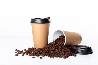 Craft coffee cup full of coffee bean on white background clipart