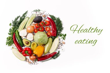 Çeşitli sebze ve meyveler yuvarlak şekil