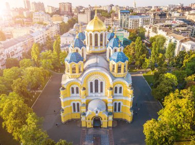 Ukraine Kyiv Kiev beautiful church. St Volodymyrs Cathedral. Top vie from drone aerial photo. Famouse tourist places clipart
