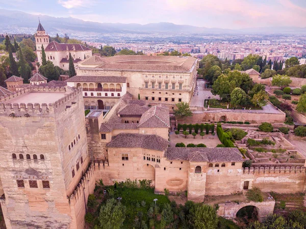 Spain castle Alhambra. Palace and fortress complex located in Granada, Andalusia. aerial photography from drone
