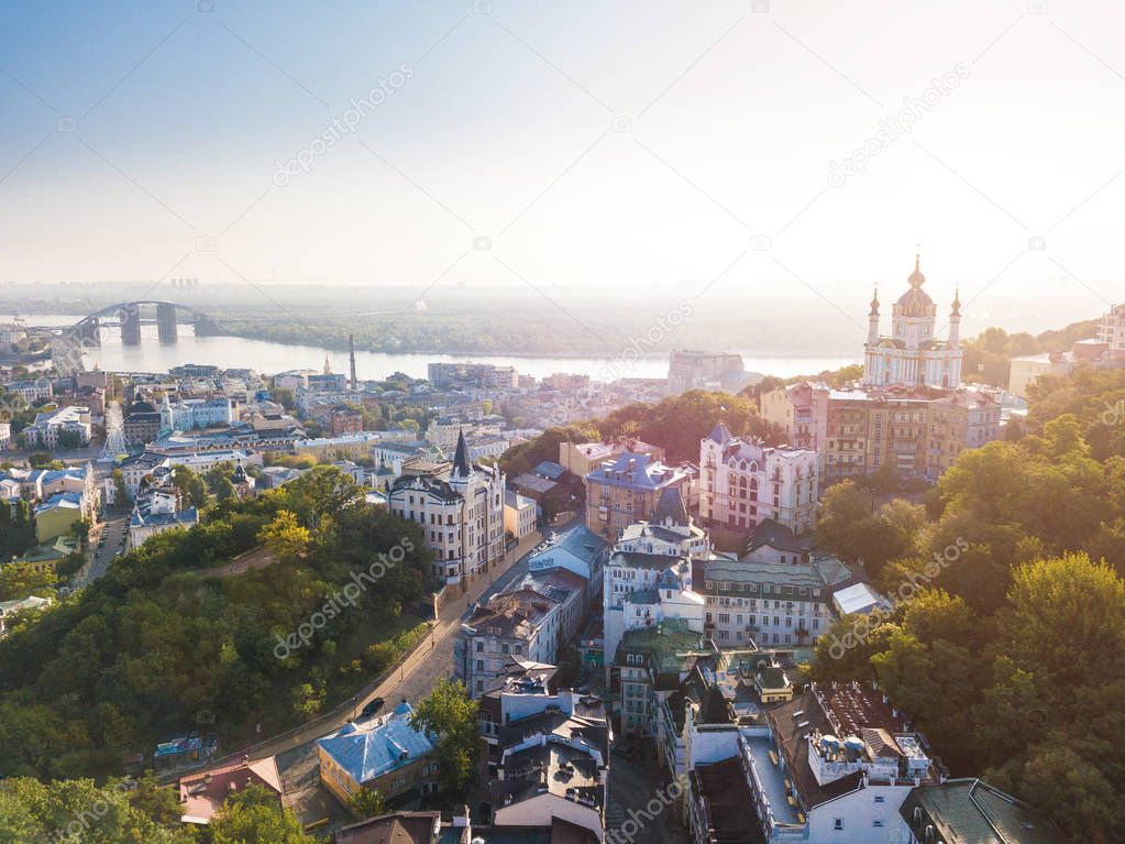 Lovely Kiev Ukraine. Andrews Descent old street. Panaramic aerial drone sunrise view.