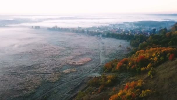 Légi felvétel. Ködös őszi sunrise. A cam tartja ki. A fagyasztott fű, a közúti és a falu a mező alján. Videofelvétel — Stock videók