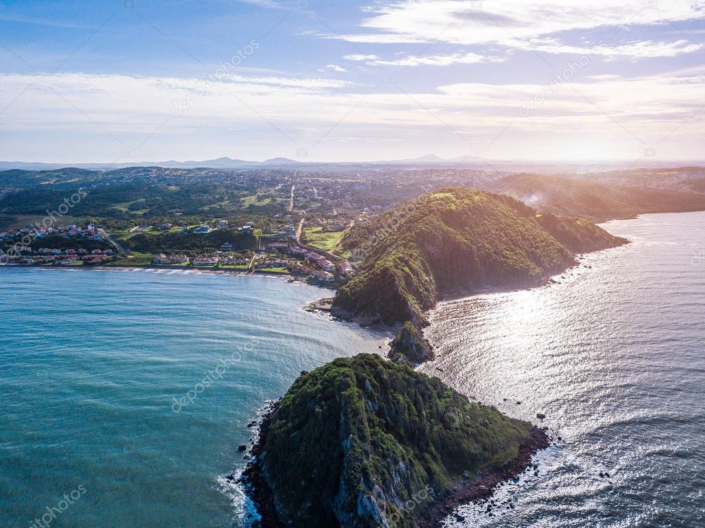 Amazing brazilian nature. Islands and ocean. Atlantic ocean and Hills Brazil Ponta do Pai Vitorio Buzios, Rio de Janeiro, aerial drone photo from above
