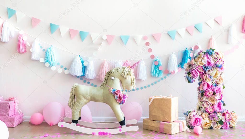 pink kids girly room with horse toy and flowers. Kids interior wall. Horizontal composition