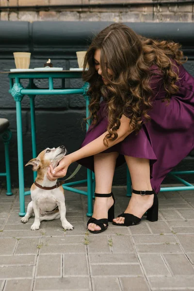 Elegant stylish woman petting small dog Jack russell terrier. Street cafe.