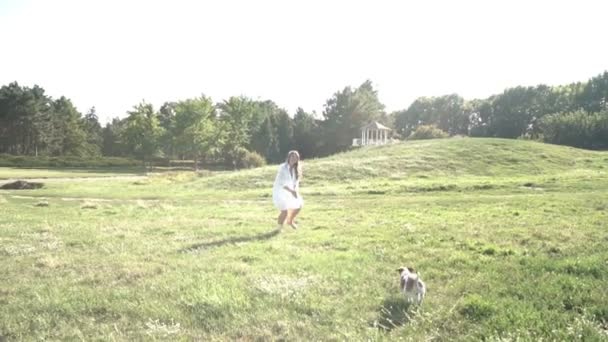 外で犬と遊ぶアクティブな美しい女性 ペットと一緒に楽しむ ビデオ映像 — ストック動画