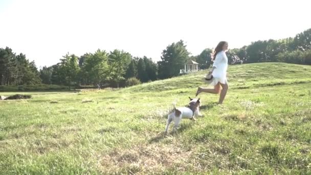 Fun Pet Girl Running Nature Her Small Cute Dog Video — Stock Video