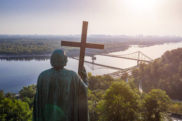 Kyiv (Kiev) Ukraine most beautiful tourist places. View from Saint Vladimir Hill right-bank Dnipro River in central city, the capital.  landmark monument to St. Volodymyr. overlooking scenic panorama