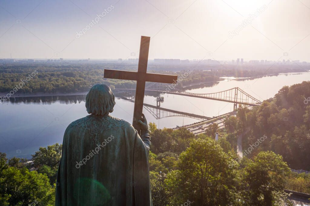 Kyiv (Kiev) Ukraine most beautiful tourist places. View from Saint Vladimir Hill right-bank Dnipro River in central city, the capital.  landmark monument to St. Volodymyr. overlooking scenic panorama