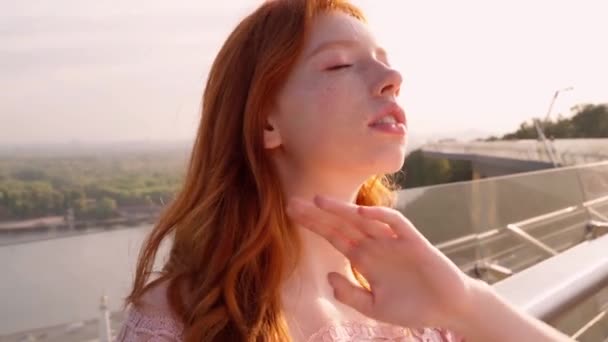 Adorable Red Haired Young Beauty Touching Face Dreamily Looks Camera — Stock Video