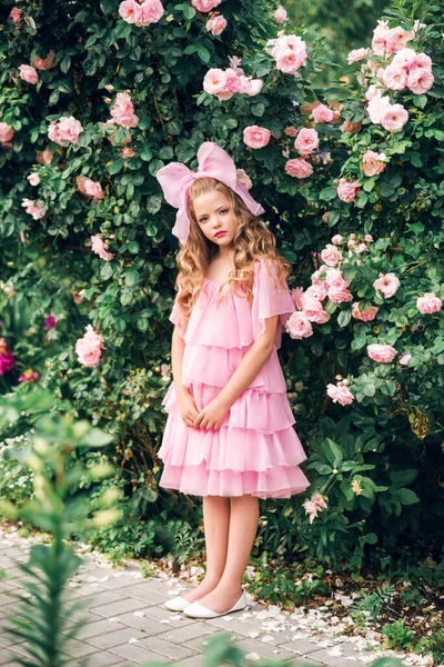 Dívka Růžových Šatech Lukem Hlavě Růžové Zahradě Dívka Panenka — Stock fotografie
