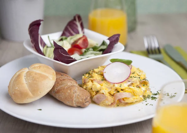 Breakfast, English breakfast, Food and Drink, Fried egg, Roll, Salad, Wellness, eggs, Food and Drink, foodphotography, Freshness, gastronomy, ham&eggs, healthy eating, orange juice, ready-to-eat, scrambled eggs, scrambledeggs, tomato, wellbeing,