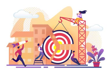 İnsanlar büyük hedef parçaları bina vinç monte.