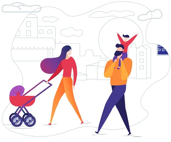 Familie met kinder wandelingen op straat met wandelwagen. — Stockvector