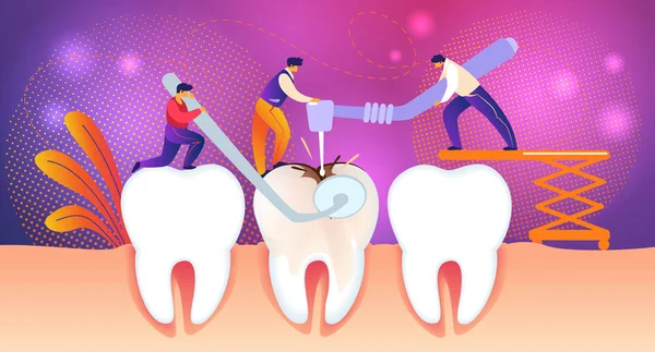Les hommes traitent la dent malsaine géante avec trou de carie . — Image vectorielle