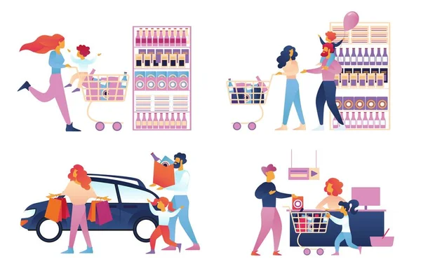 Happy Family Shopping Set Isolé. Supermarché — Image vectorielle