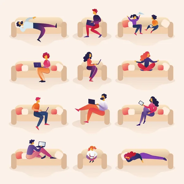 People Live and Work on Sofa Cartoon Illustration. — Stock Vector