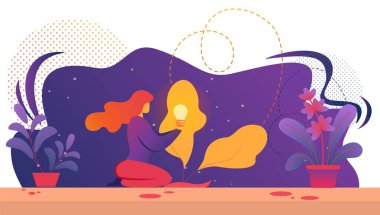 Kadın Karakter ve Parlayan Ampul. Yeni Fikir