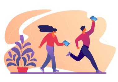 Karakterler Akıllı Telefonlar ile Roller Skates Walk