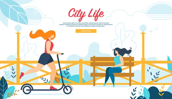 Genç kadın kamu Park, yaz scooter sürüş — Stok Vektör