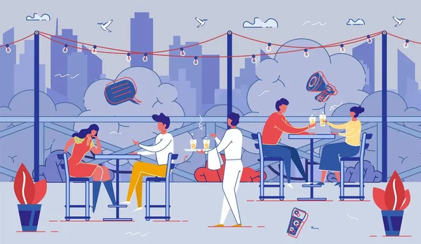 Розслаблені люди сидять за столами на відкритому кафе — стоковий вектор