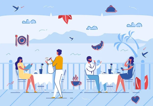 Люди отдыхают в летнем кафе на открытом воздухе, в отпуске — стоковый вектор