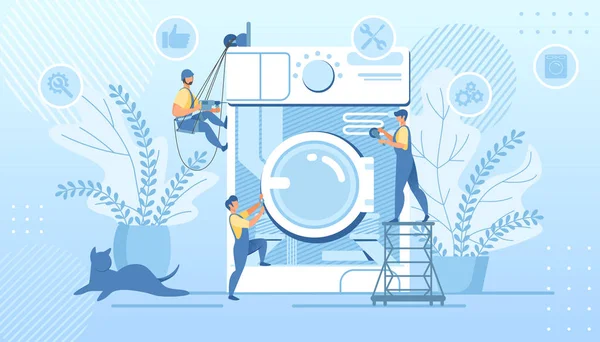 Groep klusjesmannen repareren enorme gebroken wasmachine — Stockvector