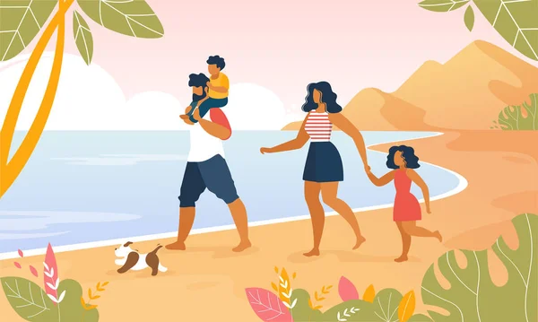 Familia feliz caminando al aire libre a lo largo de Ocean Beach — Archivo Imágenes Vectoriales