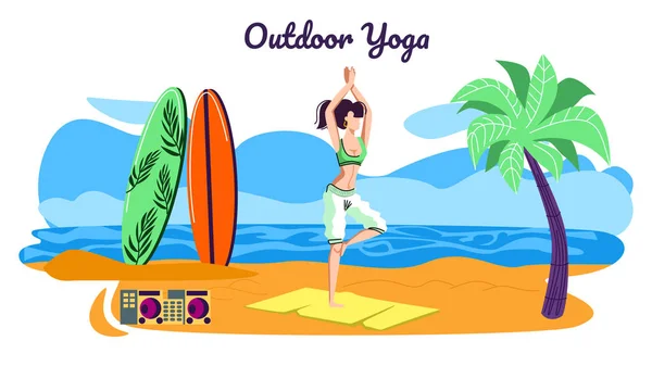 Vrouw beoefenen outdoor yoga op strand, energie — Stockvector