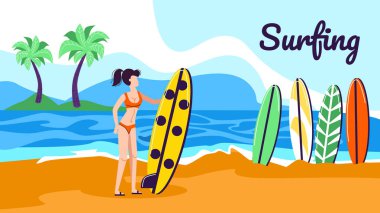 Güzel Seaside sörfçü kurulu standı ile Kız