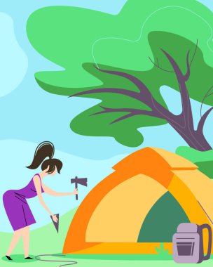 Kadın Kamp Yürüyüş Zaman geçirmek için Çadır Kurmak