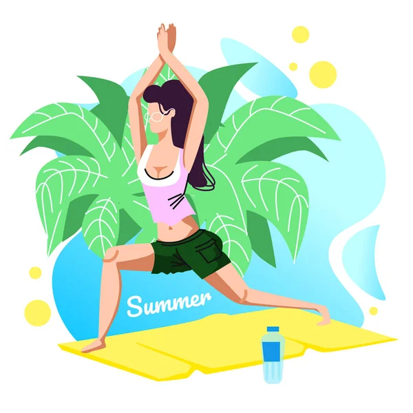 Banner de verão, menina fazendo guerreiro Yoga Asana — Vetor de Stock