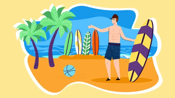 Giovane personaggio stand on spiaggia con tavola da surf — Vettoriale Stock