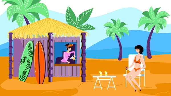 Kobieta w bikini siedzi w kawiarni na egzotycznej plaży — Wektor stockowy