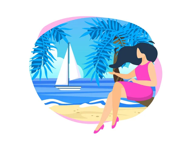 Молода жінка, сидячи на Пальмовій стовбур дерева на пляжі — стоковий вектор